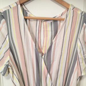 Striped pastel crossover cropped wide leg romper with waist tie belt women's Lg